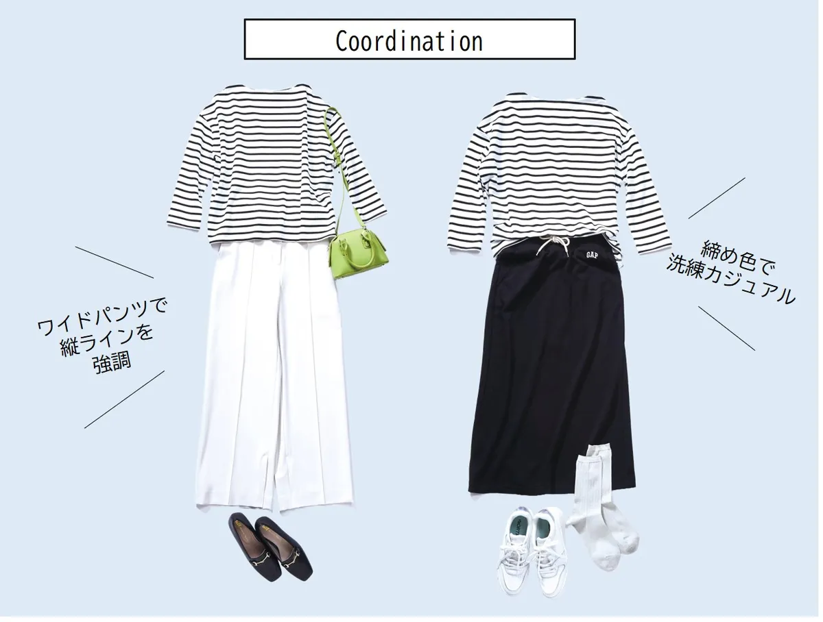 (左)●トップス( 上と同じ) パンツ12000円/プラステ バッグ2790円/ 神戸レタス 靴6500円(ダブルエー オリエンタルトラフィック)/ダブルエー(右)●トップス(上と同じ) スカート6990円/ギャップ ソックス1430円/タビオ 靴8800円(オーアールティーアール)/ダブルエー