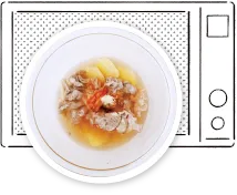 豚こまとじゃがいものキムチスープ作り方　煮汁と具をレンジで加熱