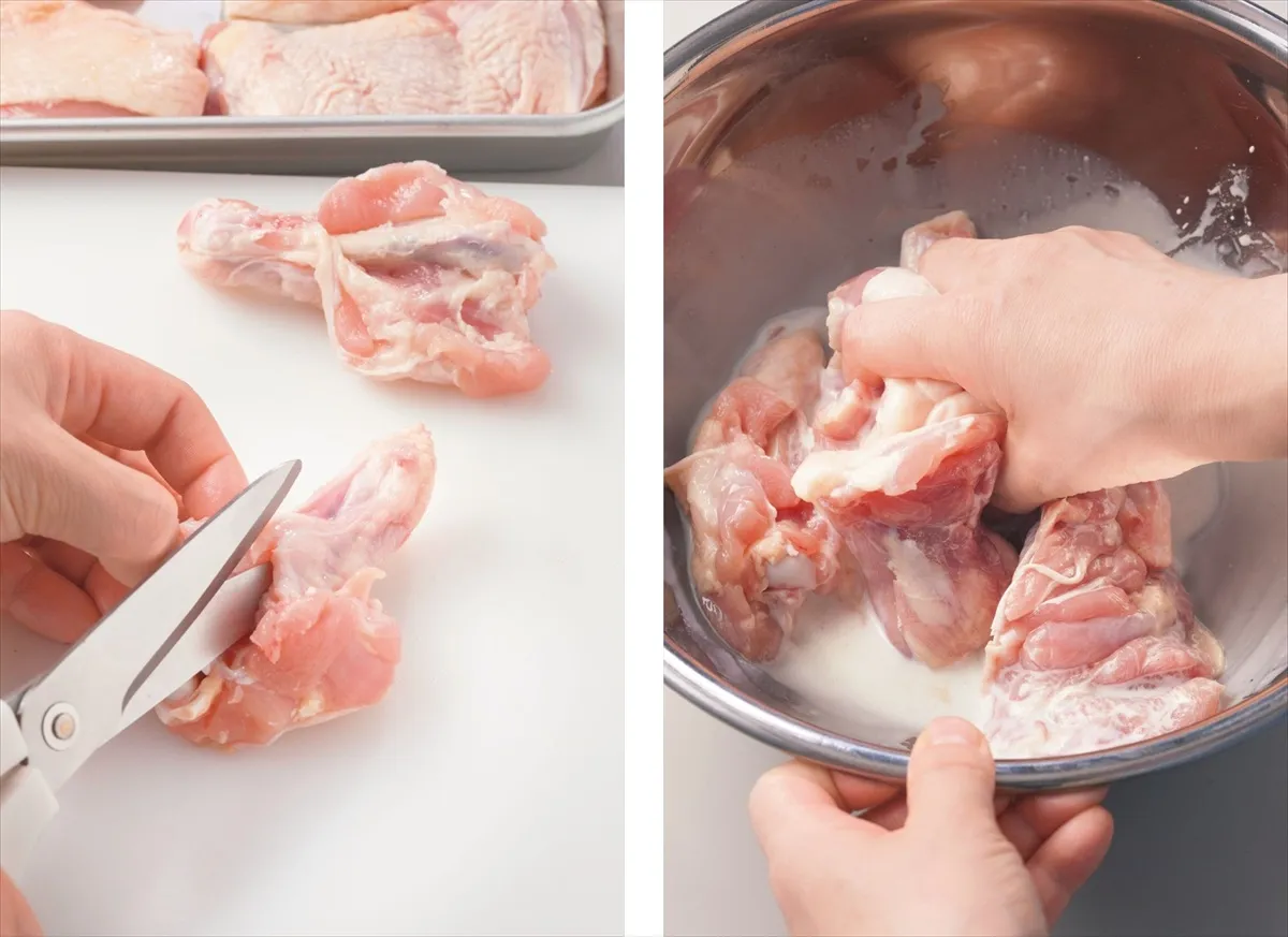 鶏肉を切って漬ける
