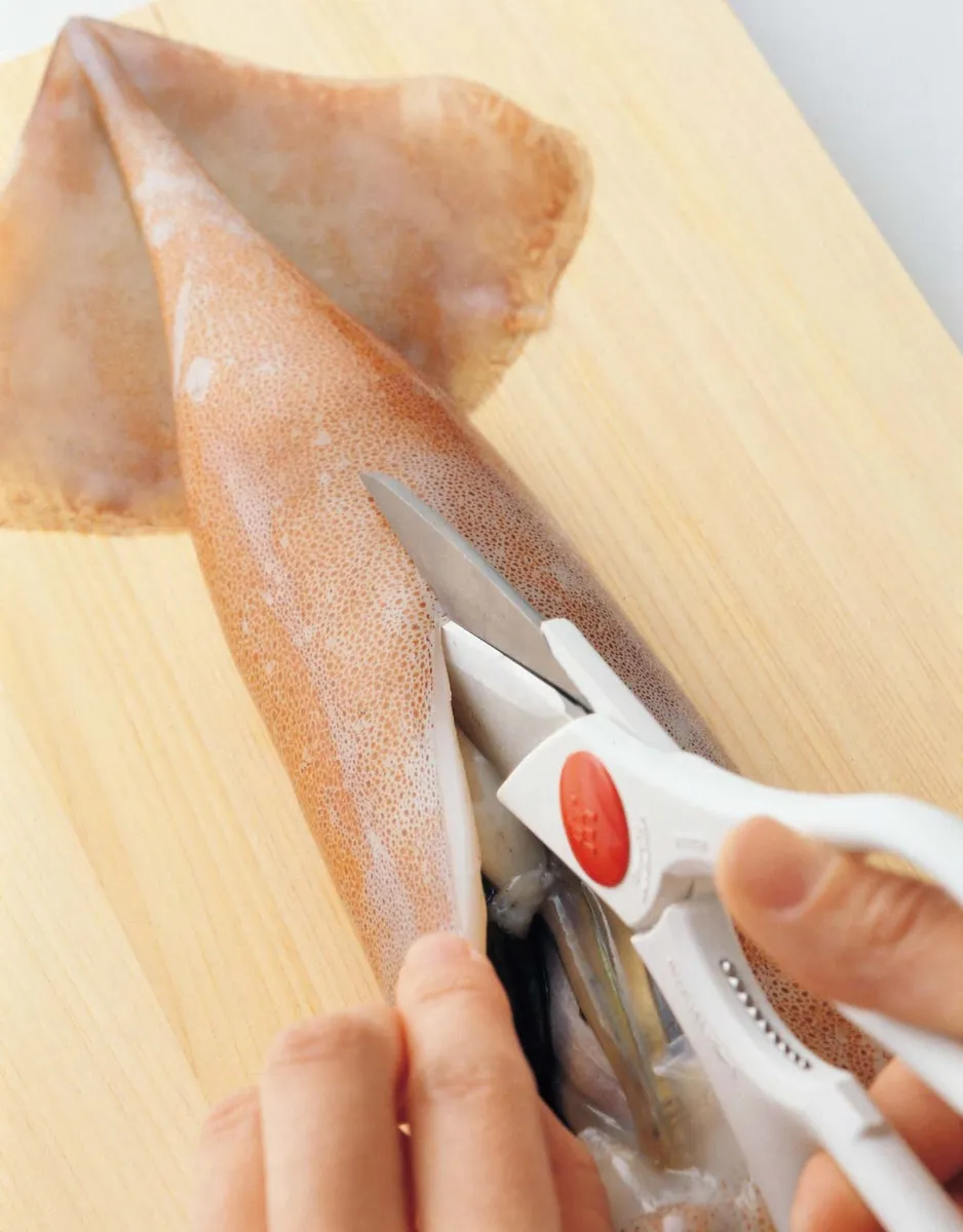 いかのさばき方　キッチンばさみで、いかの胴を切り開く